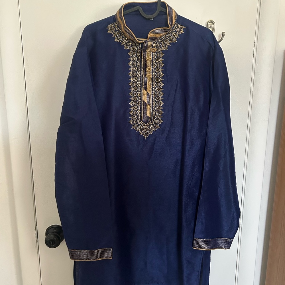 Embroidered Navy Blue Men's Kurta Shirt with Gold Accents